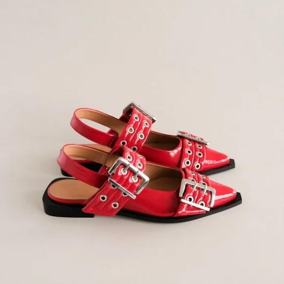 Ganni Chunky Buckle Ballerina Racing Red Slingback Flats / Sandals - Picture 7 of 13